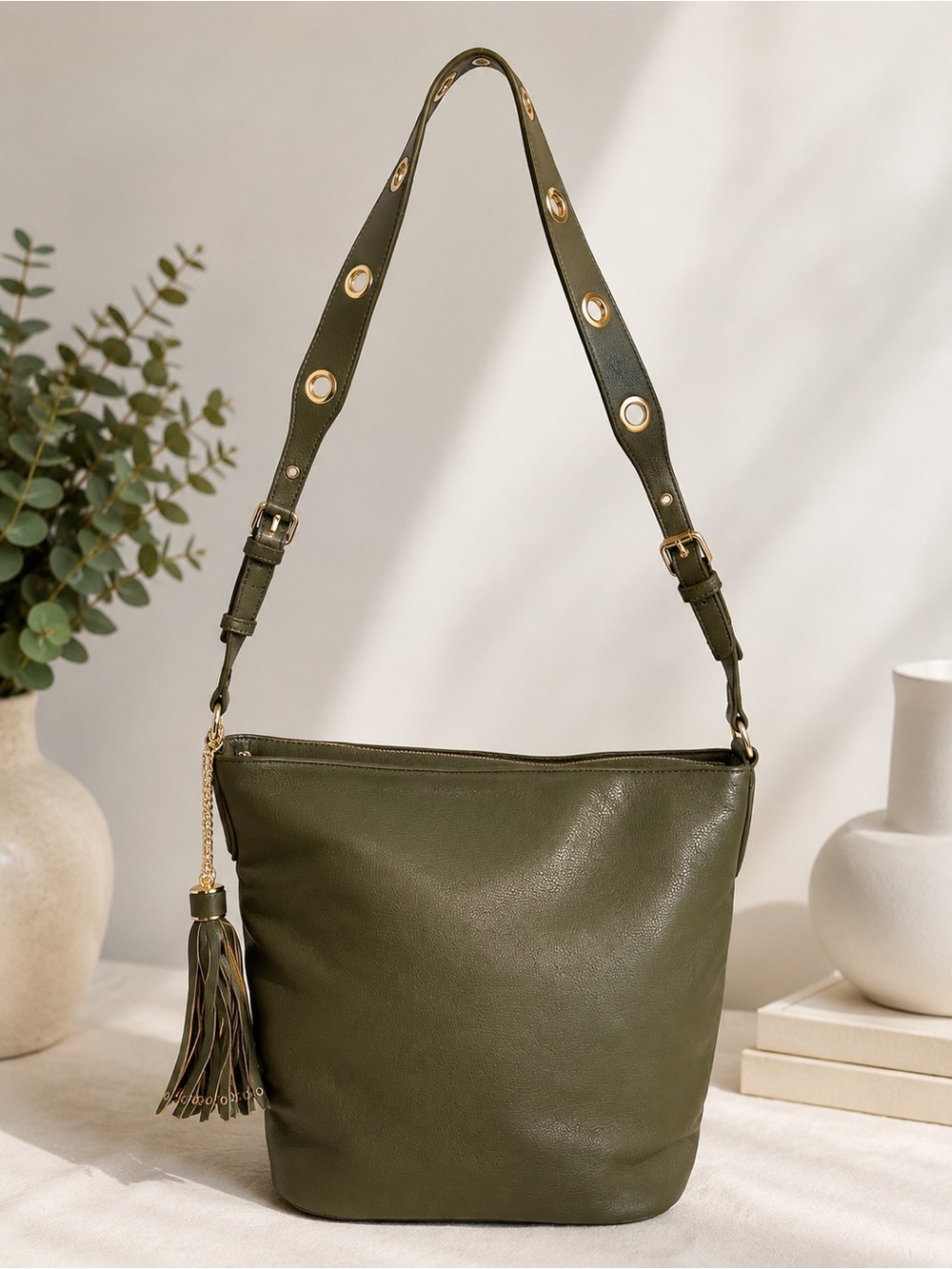 Olive Green Bucket Hobo Bag – Grommet Strap & Tassel Detail